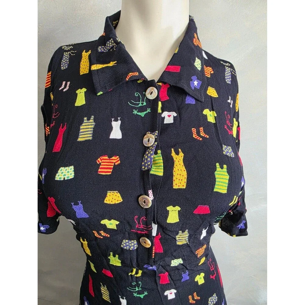 Vtg 90s David Dart Black Button Up Novelty Print Multicolor Dress Sz L Collar